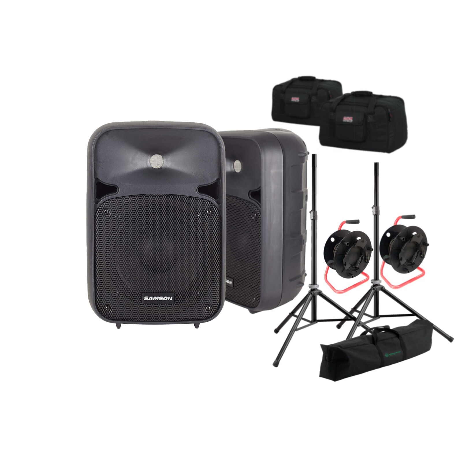 Pack sonorisation (enceintes SAMSON D208 + pieds + câbles XLR 50m + housses) - Photo 1 sur 3