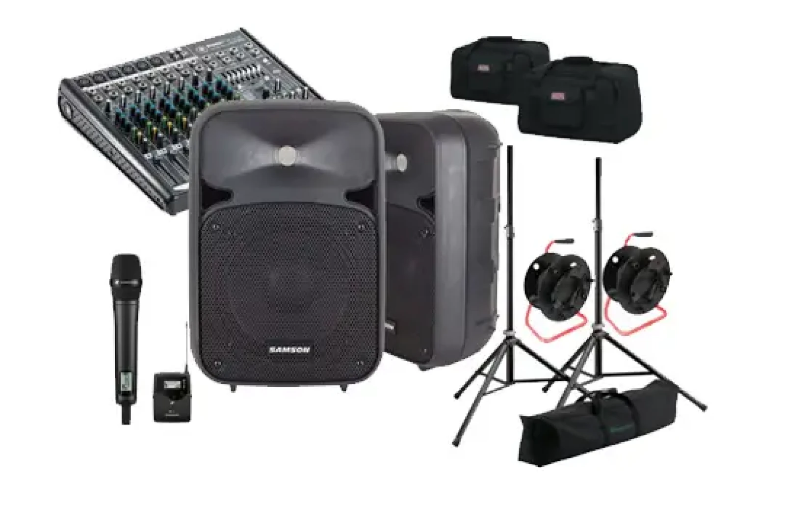 Pack sonorisation complet (Console + Micro HF + enceintes SAMSON D208 + pieds + câbles XLR 50m + housses) - Photo 1 sur 5