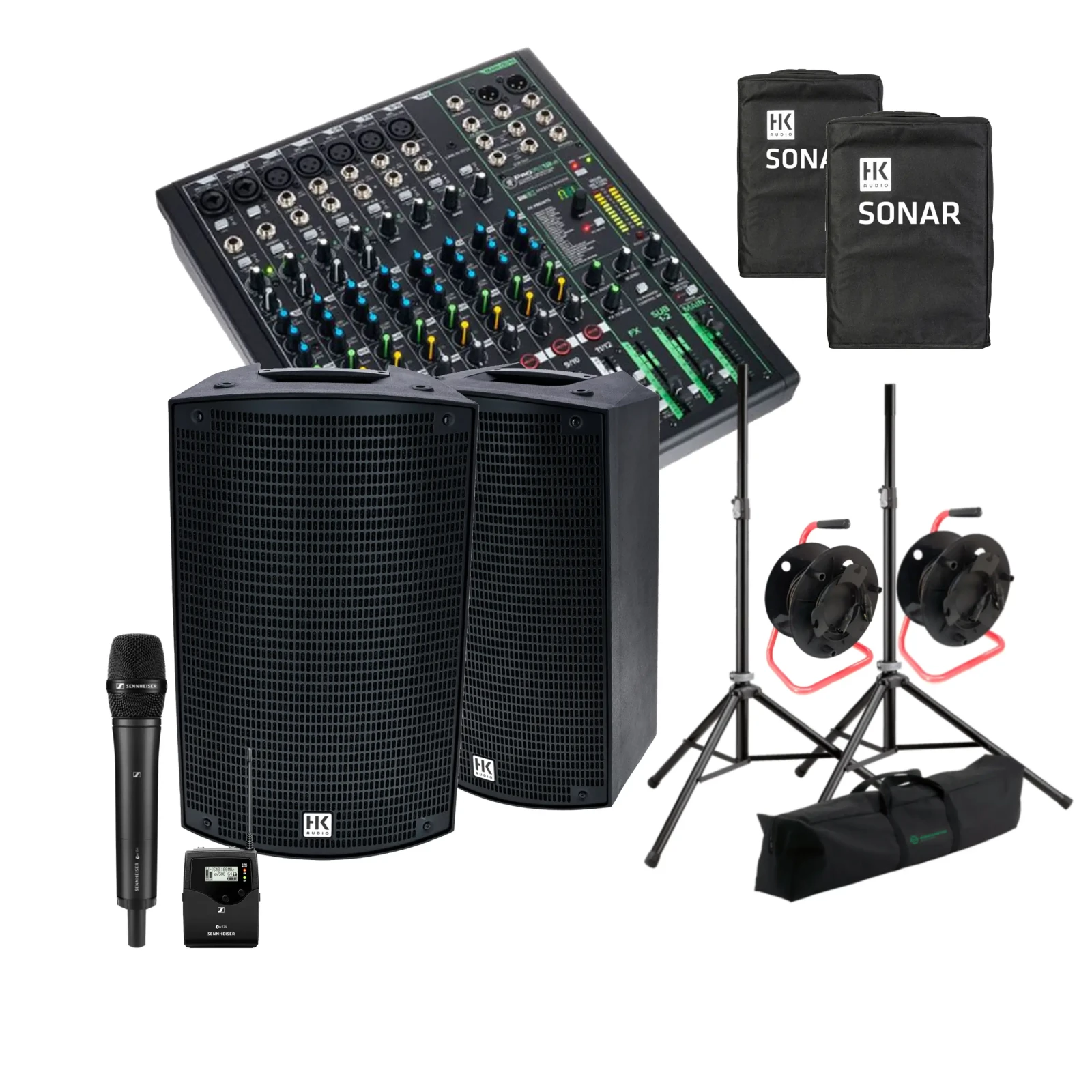 Pack sonorisation complet (Console + Micro HF + HK Audio Sonar 110 Xi + pieds + câbles XLR 50m + housses) - Photo 1 sur 5