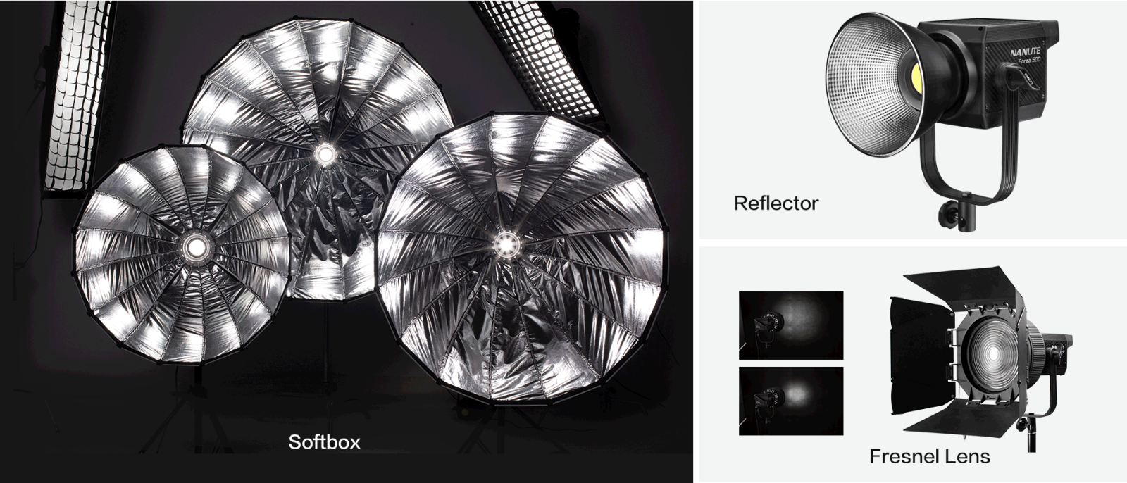 Nanlite Forza 500 Dual Kit avec Soft-box paraboliques 90cm, lentille Fresnel et pieds de 1000 - Photo 2 sur 3