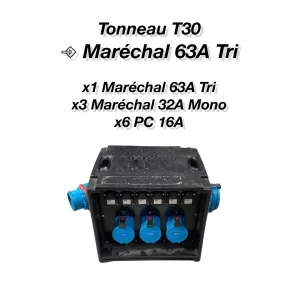 Location Tonneau T30 Maréchal 63A Tri vers 63A Tri + x3 32A Mono + x6 PC16