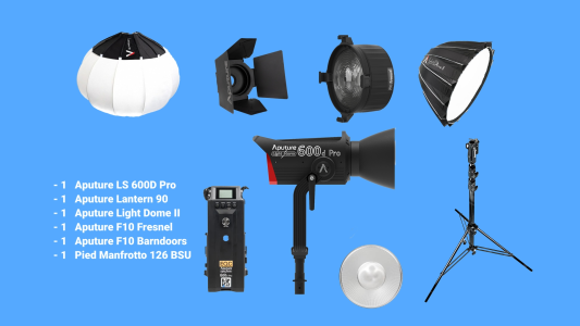 Location Kit Aputure LS 600D Pro - Softbox - Fresnel & Barndoors - Lantern 90 - Pied Manfrotto 126 BSU