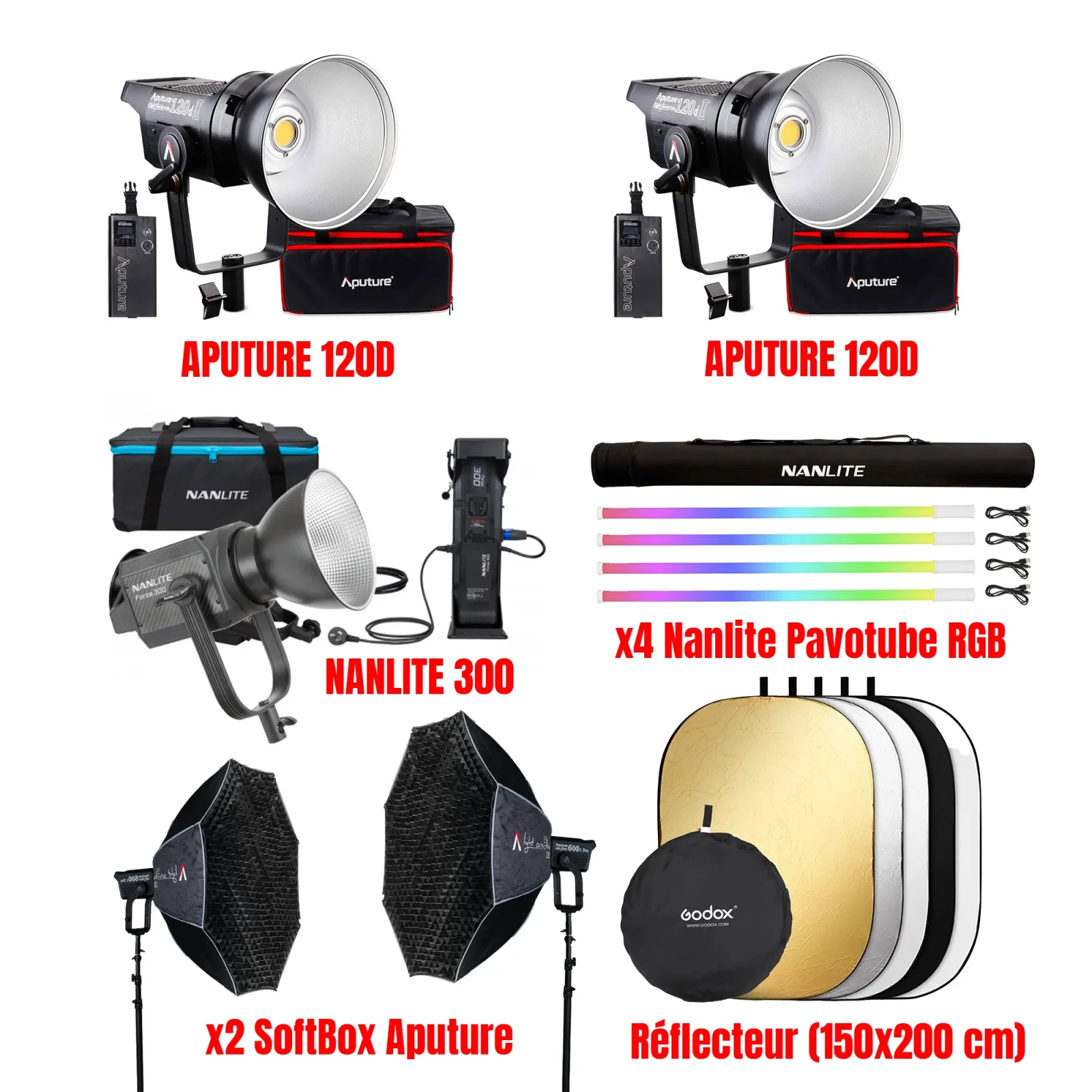 Pack 7 Lumières Aputure/Nanlite + 2 Softbox + Réflecteur - Photo 1 sur 1