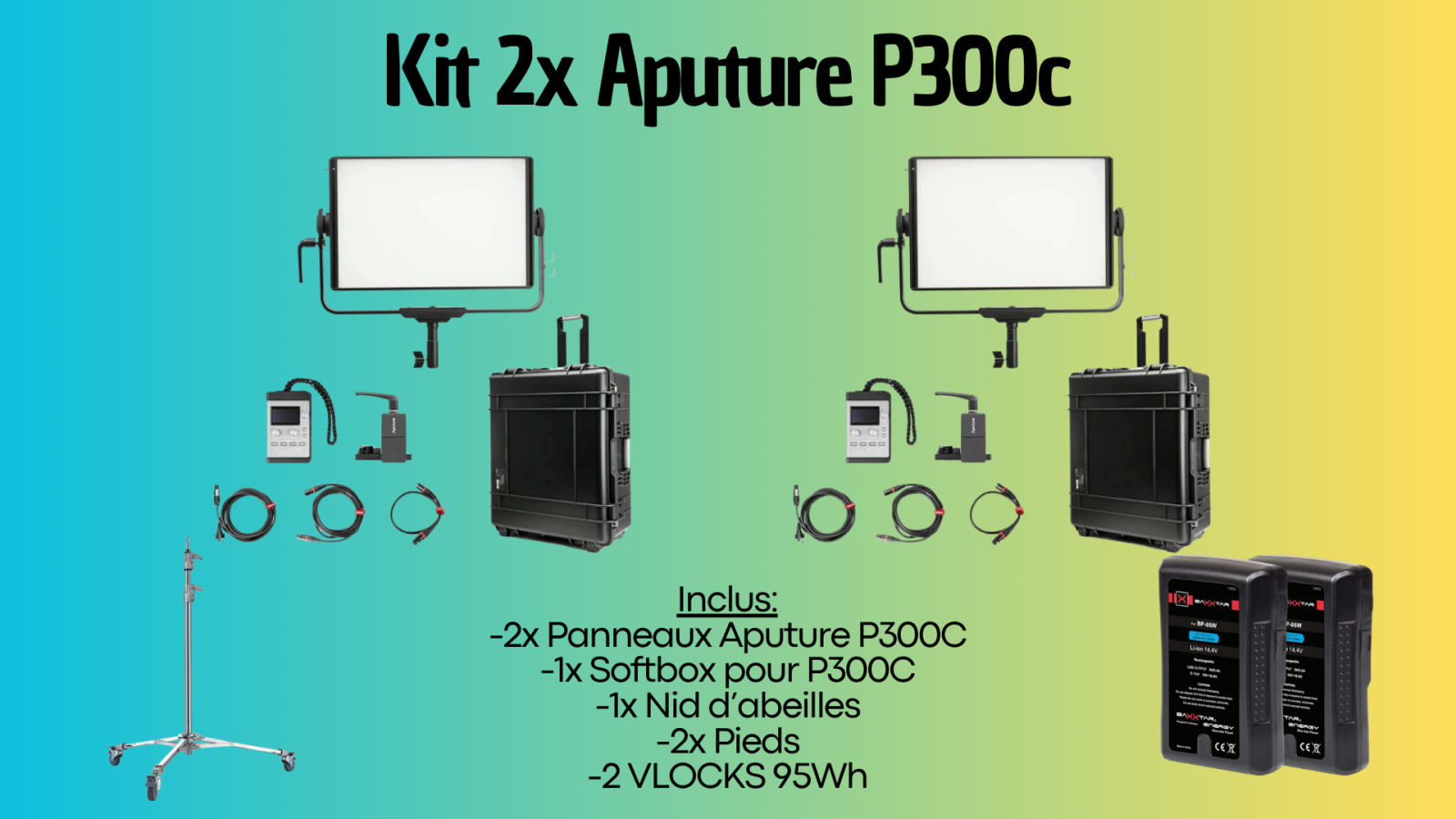 Kit Lumière fiction - 2x Aputure Nova P300C + 2x Pieds + 1x Softbox + 2 VLOCKS 95 - Photo 1 sur 6