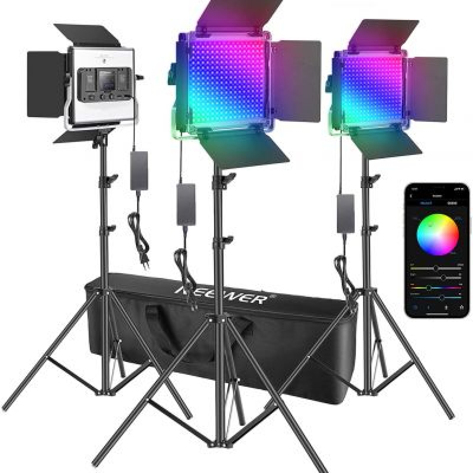 Kit de 3 Light RGB de 660 LED + 6 Batteries +  3 Diffuseurs + 3 Trépieds - Photo 1 sur 5
