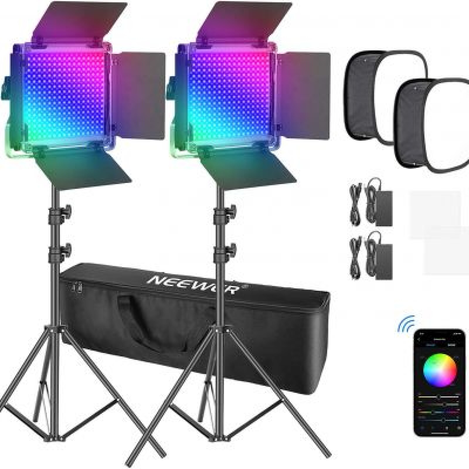 Kit de 2 Light RGB de 660 LED + 4 Batteries +  2 Diffuseurs + 2 Trépieds - Photo 2 sur 4