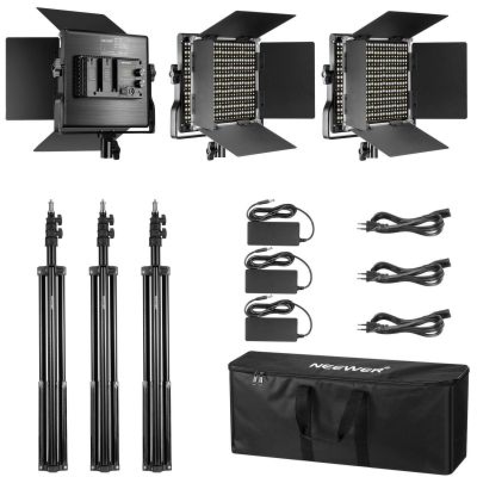 Kit de 3  Panneaux de 660 Leds + 6 Batteries + 3 Trépieds + Gélatines de couleurs - Photo 2 sur 5