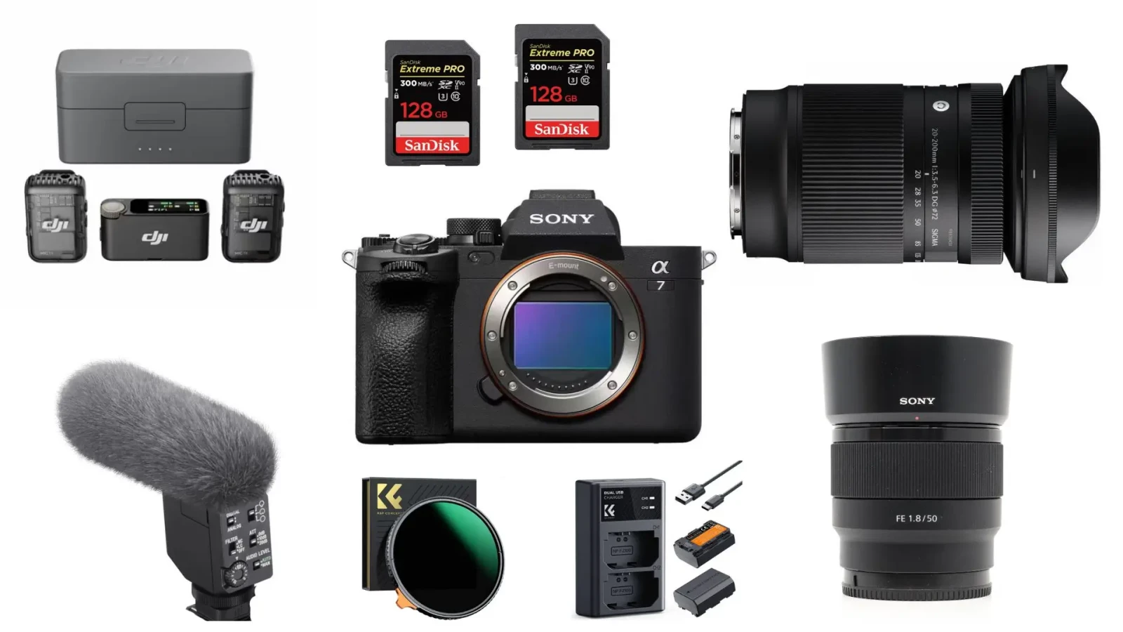 Pack Sony Alpha 7IV (A74) + 2 objectifs + Micro d'ambiance + Micros HF (DJI mic 2) - Photo 1 sur 1