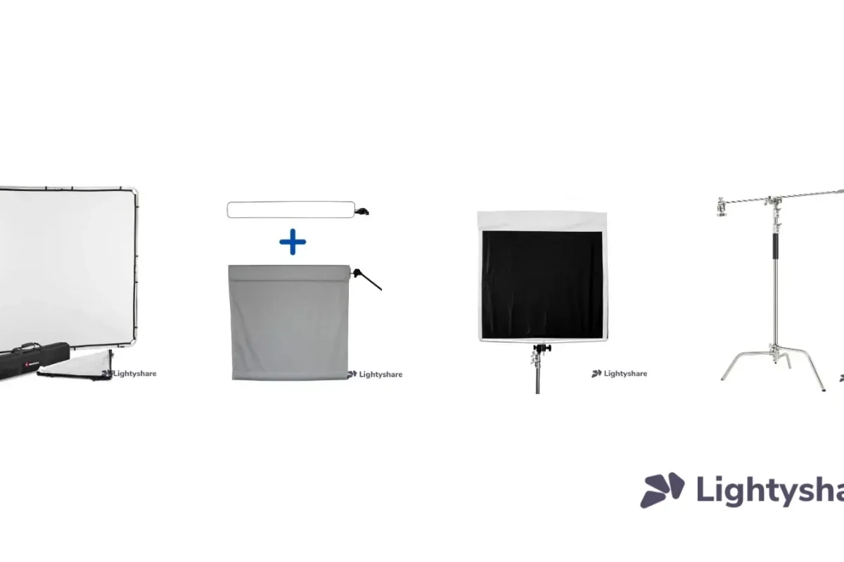 Location Pack Diffusion & Contrôle – cadres Skylite 2 × 2 m et 1,1 m, Wag Flags 1,8 m, floppy + 3 C-stands - Lightyshare