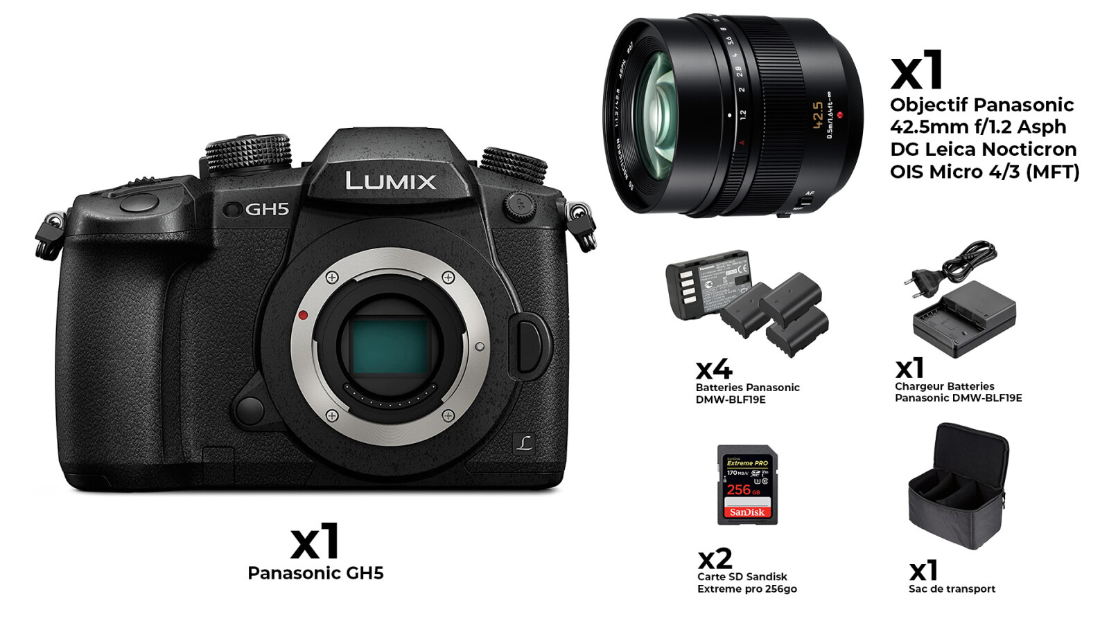 Panasonic GH5 + Objectif Panasonic 42.5mm f/1.2 + 4 batteries + 256go - Photo 1 sur 1