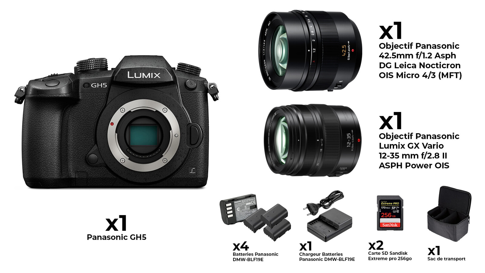 Panasonic GH5 + 2 x Objectif - Panasonic 42.5mm f/1.2 + 12-35 mm F2.8 + 4 x batteries + 2 x 256go - Photo 1 sur 1
