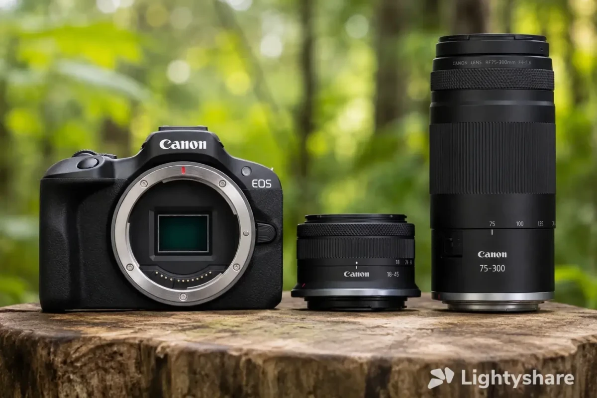Location Canon Pack EOS R100 + RF-S 18-45mm F4.5-6.3 IS STM + RF 75-300mm F4-5.6 + 4 Batteries + carte SD 64GB - Lightyshare