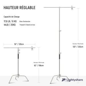 Photo Neewer NEEWER 320cm Pro 100% Stainless Steel Heavy Duty C Stand with Boom Arm