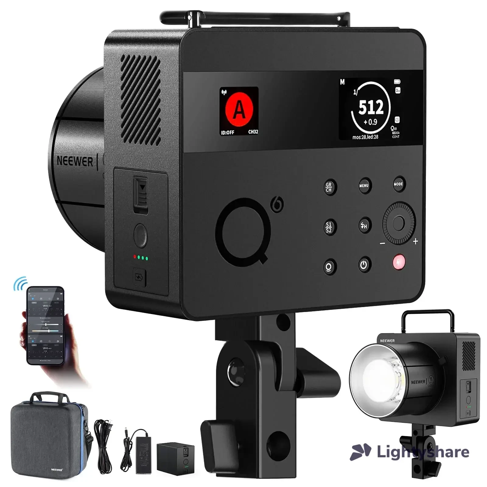 Kit portrait : 2 flashs Neewer Q6 600 Ws, parapluie, strip 35 × 160, émetteur - Photo 1 sur 5