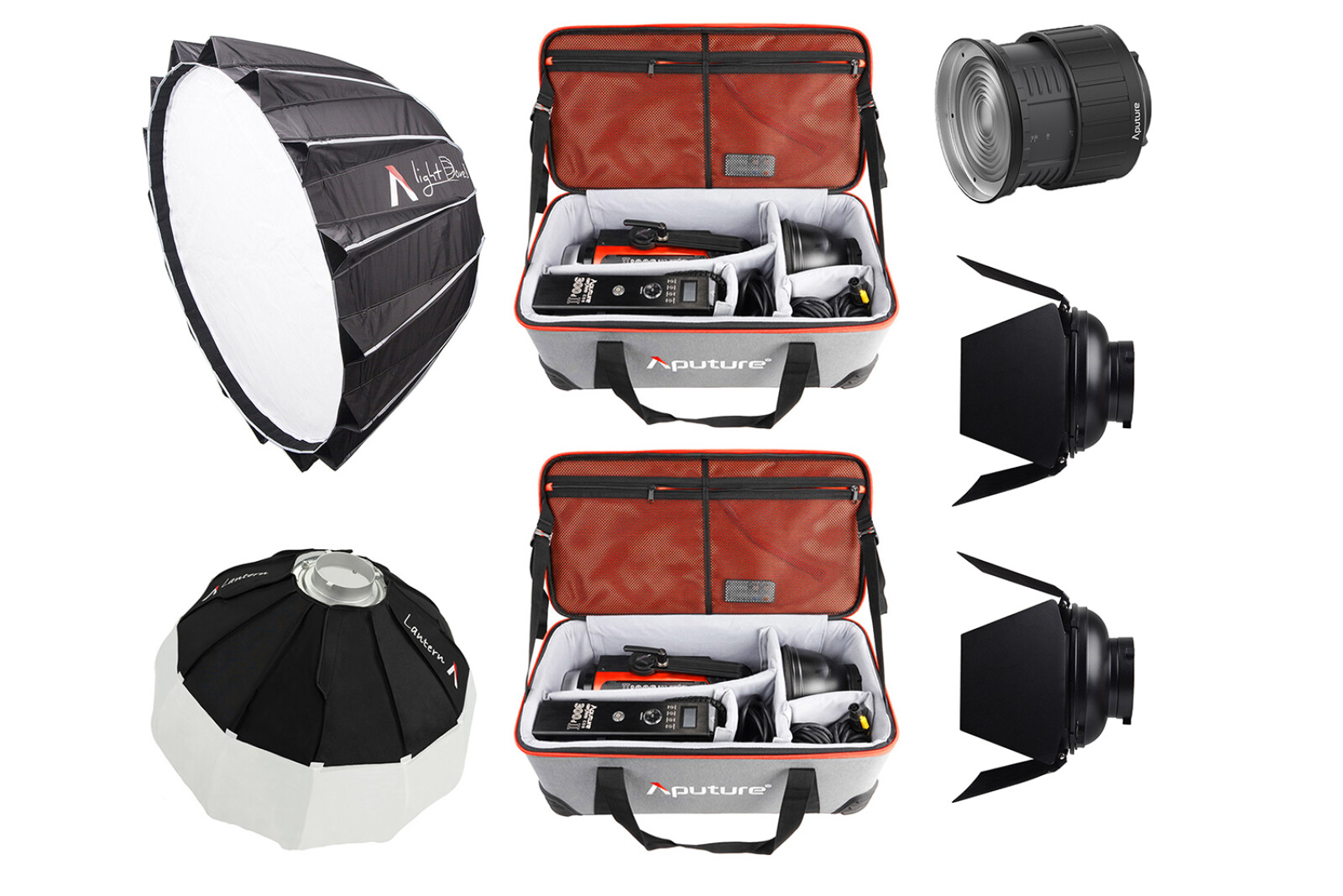 Aputure COB 300D Mark II (X2) + Barndoors (X2) + Light Dome II + Lantern + Fresnel X2 (#Super pack) - Photo 1 sur 5