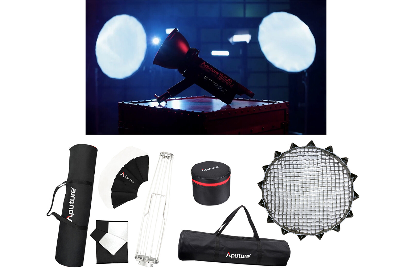 Aputure COB 300D Mark II (X2) + Barndoors (X2) + Light Dome II + Lantern + Fresnel X2 (#Super pack) - Photo 3 sur 5