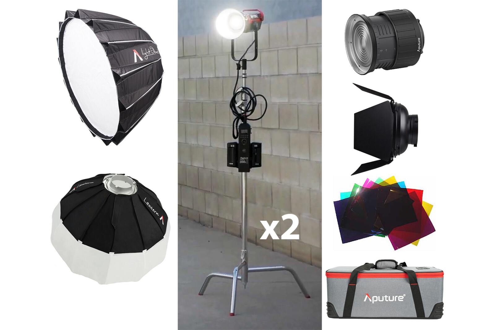 Aputure COB 300D Mark II (X2) + Light Dome II + Lantern + Fresnel X2 + C-Stands... (#Mega pack)  - Photo 1 sur 5