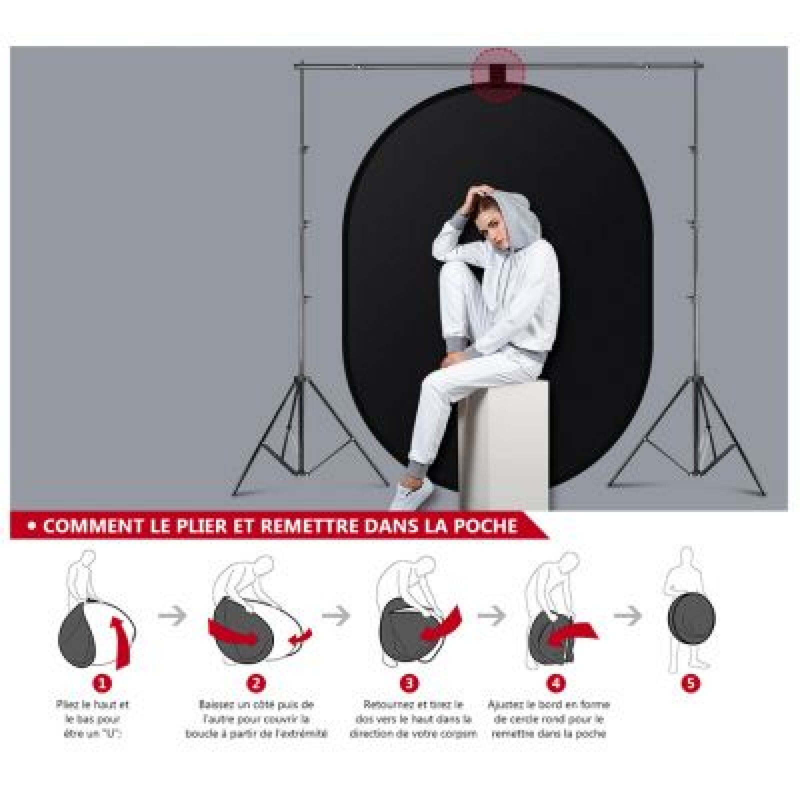 Fond de studio pliable noir ou blanc avec armature tendu + tissu anti-plis - Photo 3 sur 3
