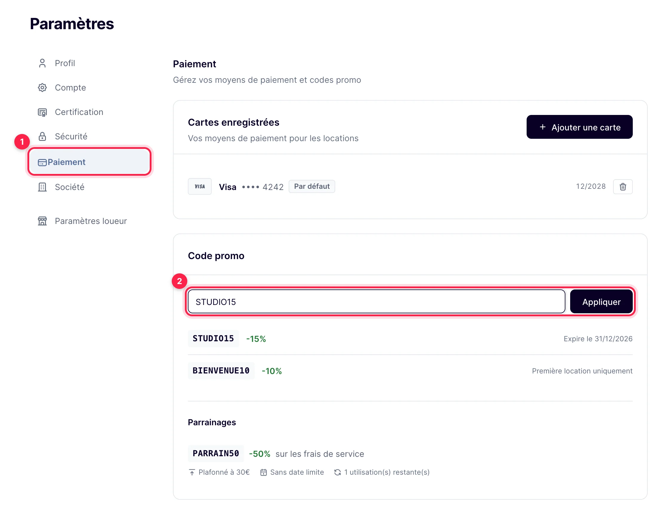 Paramètres, rubrique Paiement : champ du code promo, bouton Appliquer, codes du compte et parrainage