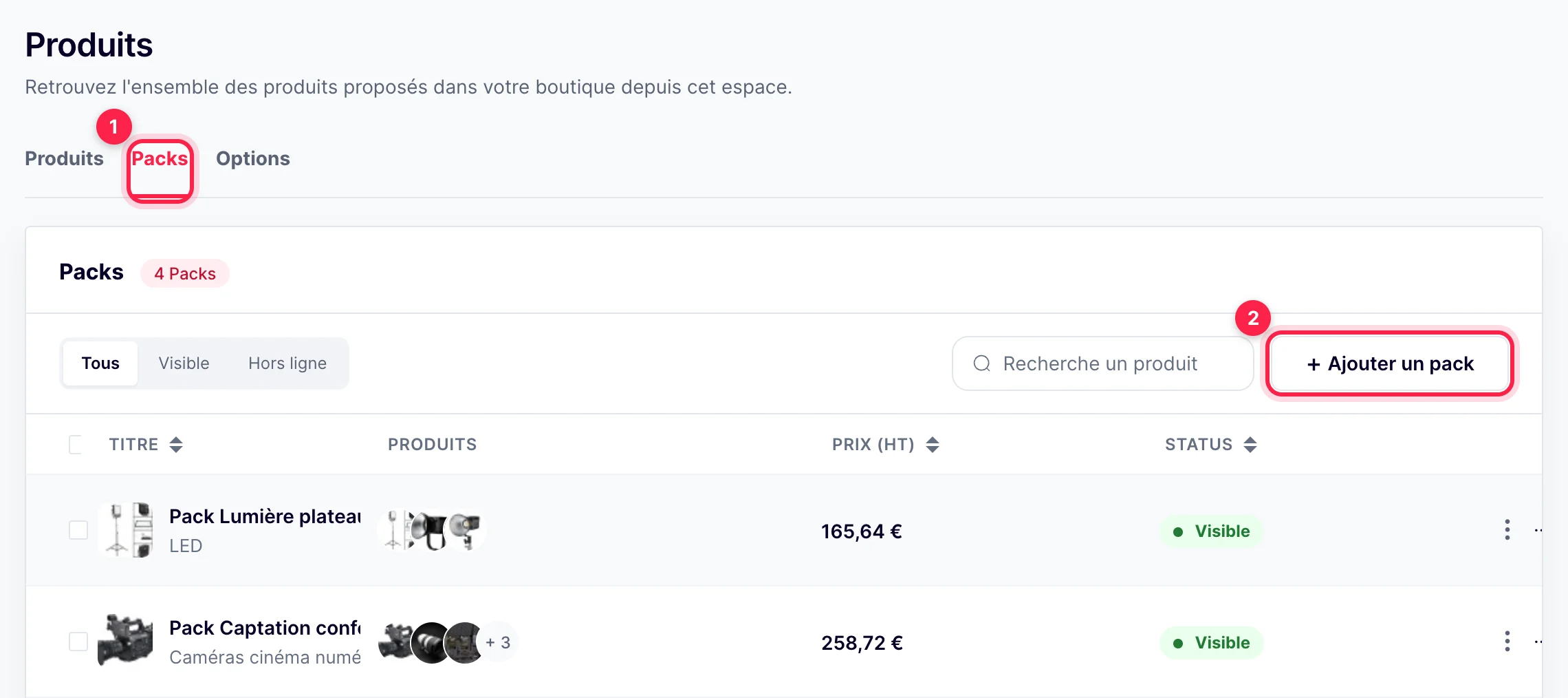Produits, onglet Packs : liste des packs et bouton Ajouter un pack