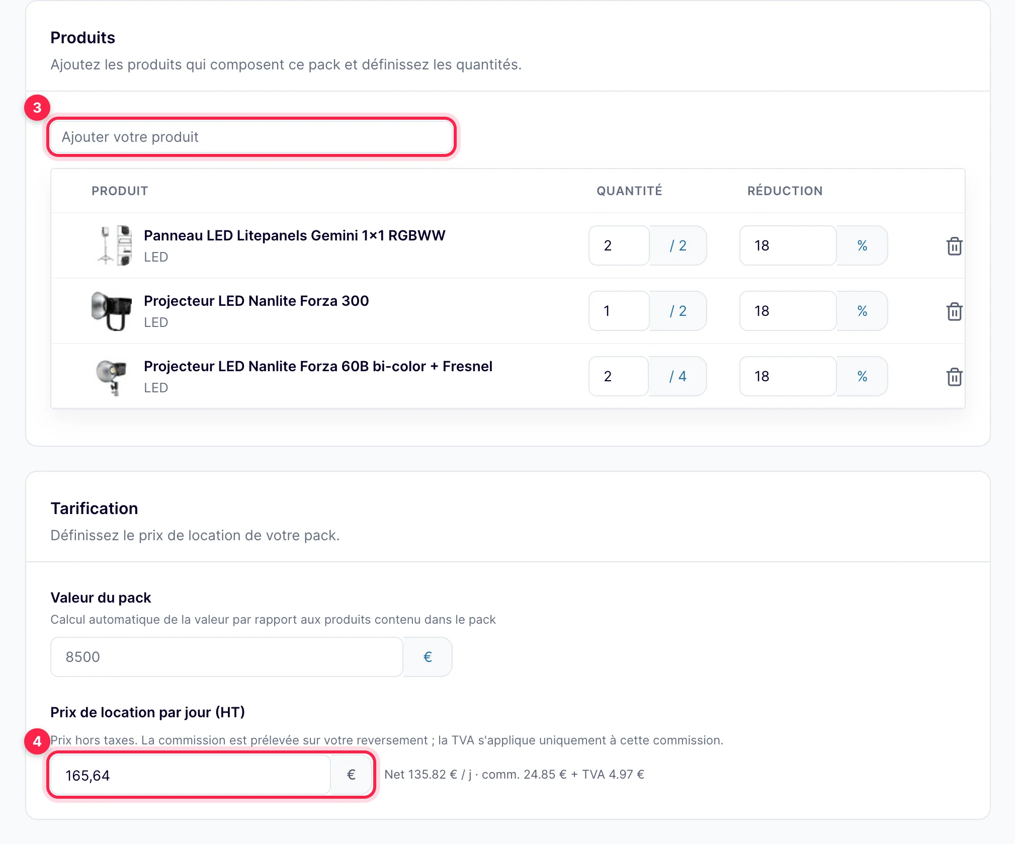 Fiche d'un pack : recherche de produits, produits du pack avec quantité et réduction, puis prix de location par jour calculé