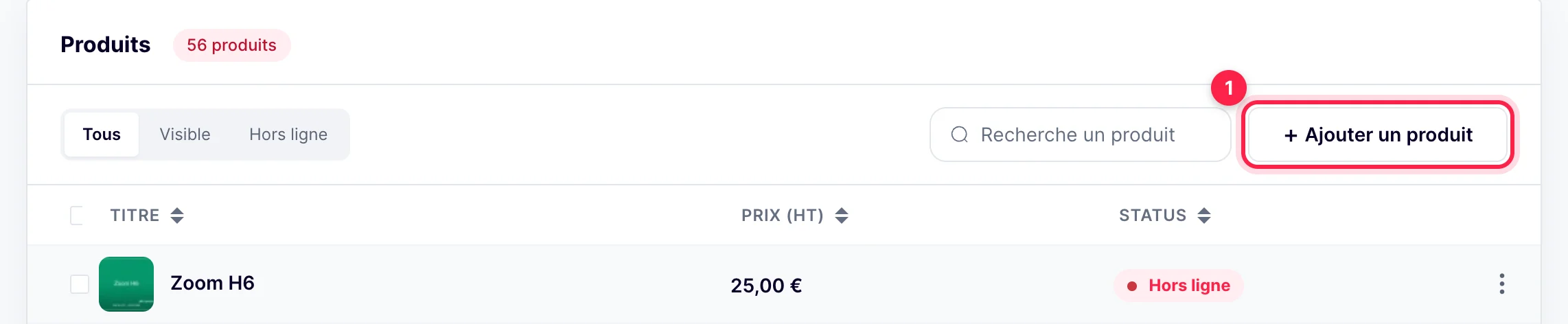 Liste des produits : bouton Ajouter un produit