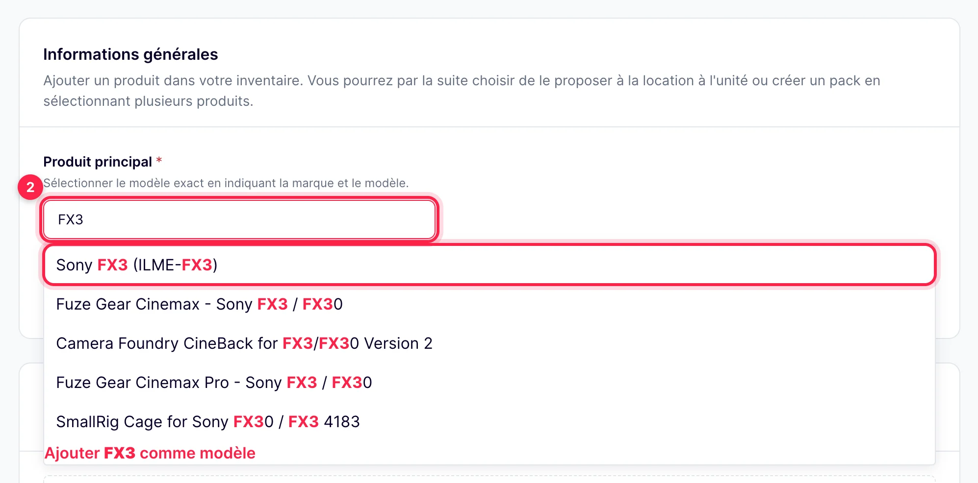 Formulaire Ajouter un produit : champ Produit principal et modèles proposés