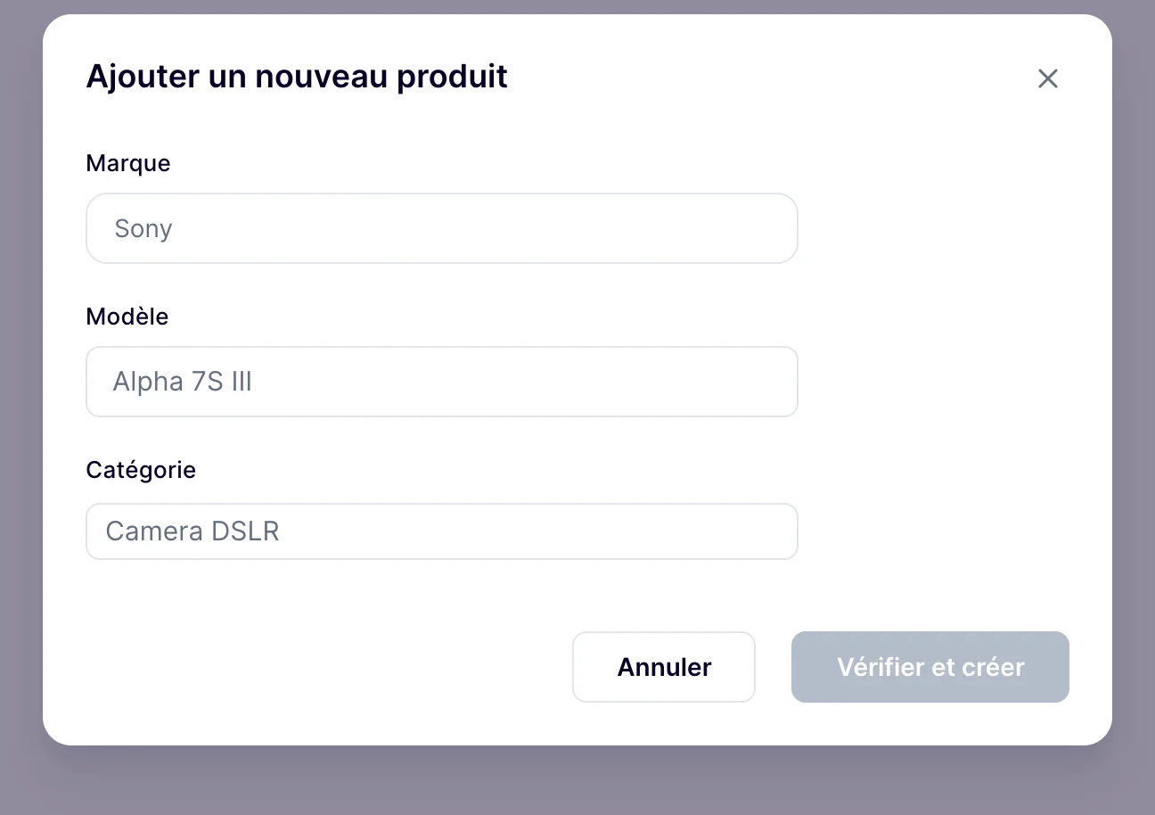 Fenêtre Ajouter un nouveau produit : marque, modèle et catégorie, bouton Vérifier et créer