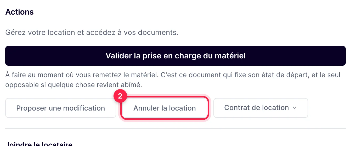 Fiche de la location, bloc Actions : bouton Annuler la location