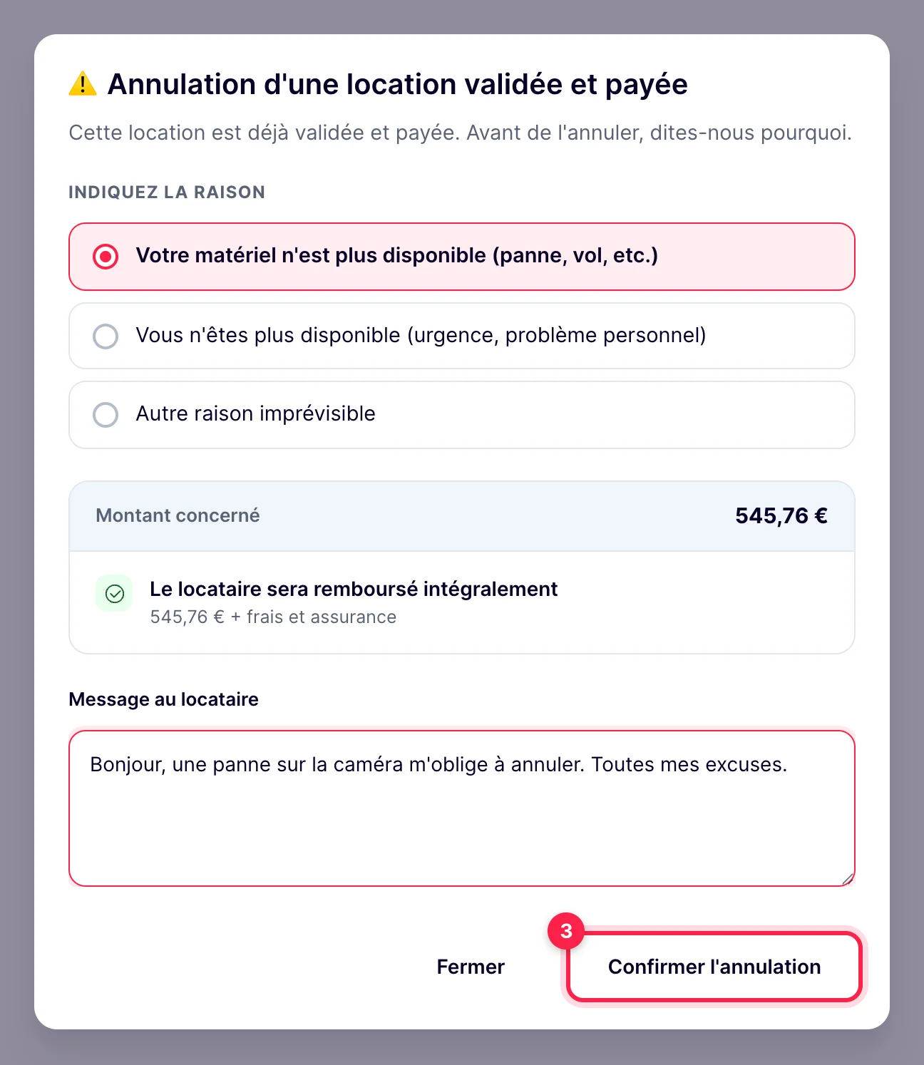 Fenêtre d'annulation : raison, montant remboursé au locataire, avis négatif, message au locataire et bouton Confirmer l'annulation