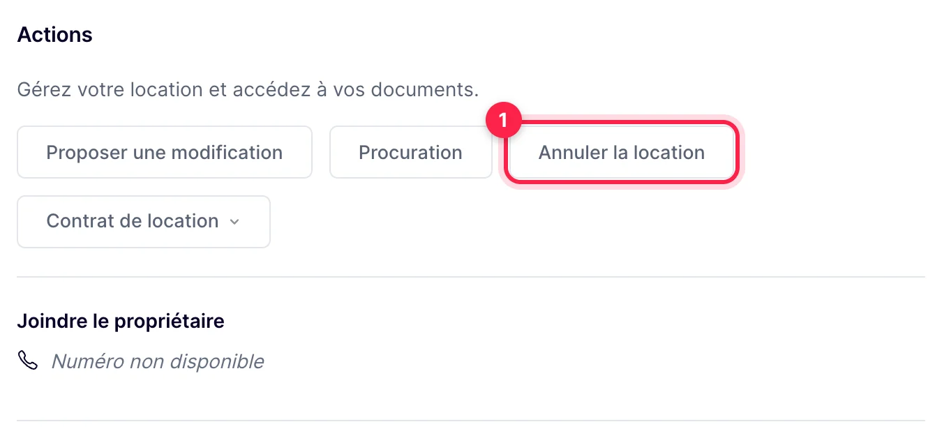 Fiche de la réservation payée, bloc Actions : bouton Annuler la location