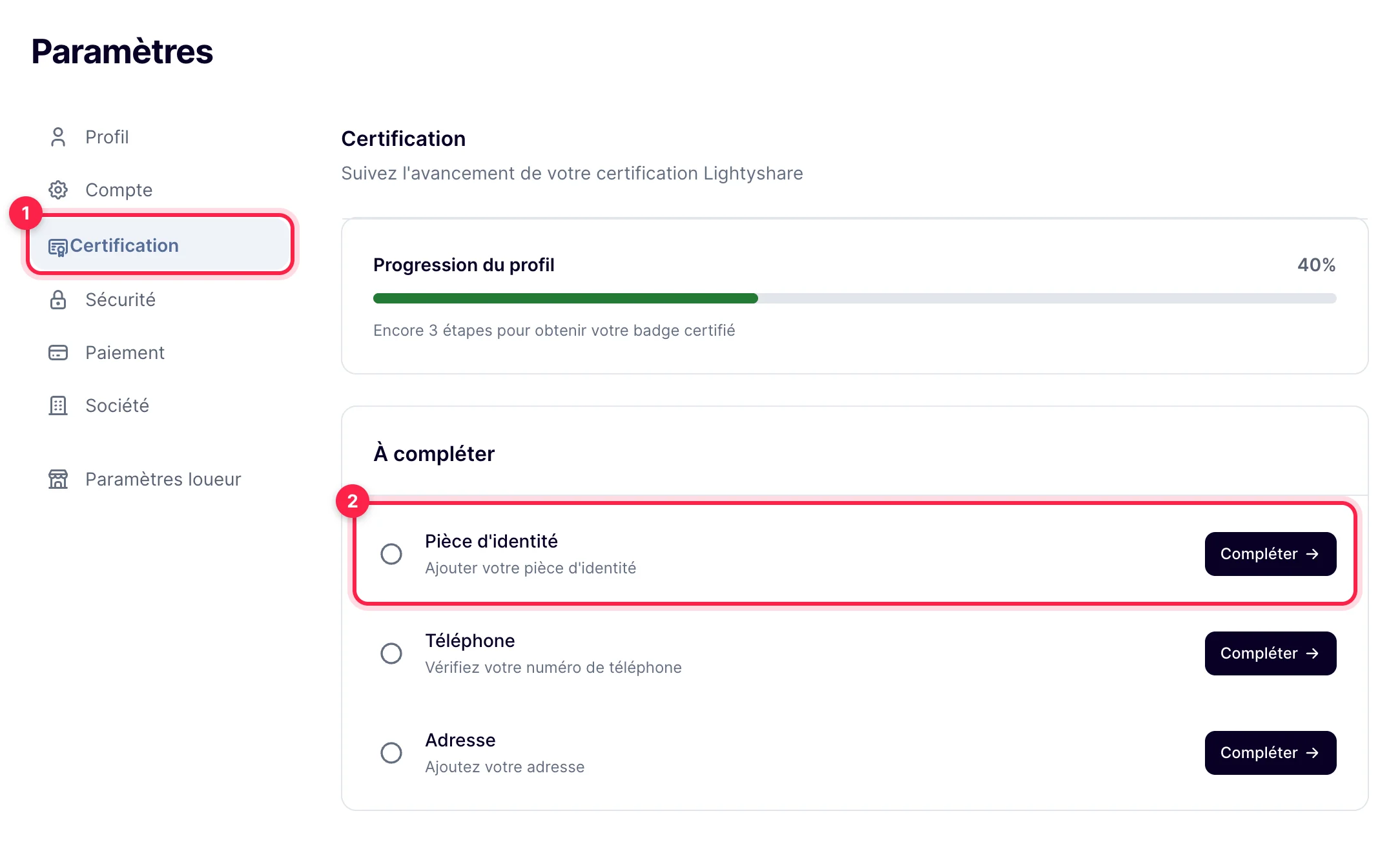 Rubrique Certification : progression et liste des éléments à compléter, dont la pièce d'identité