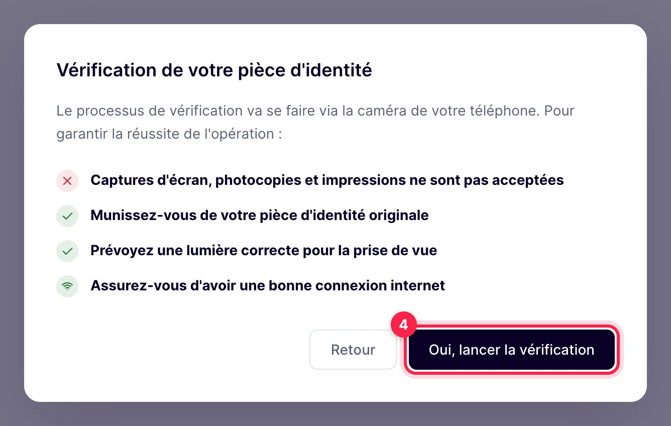 Fenêtre Vérification de votre pièce d'identité : quatre consignes et bouton Oui, lancer la vérification