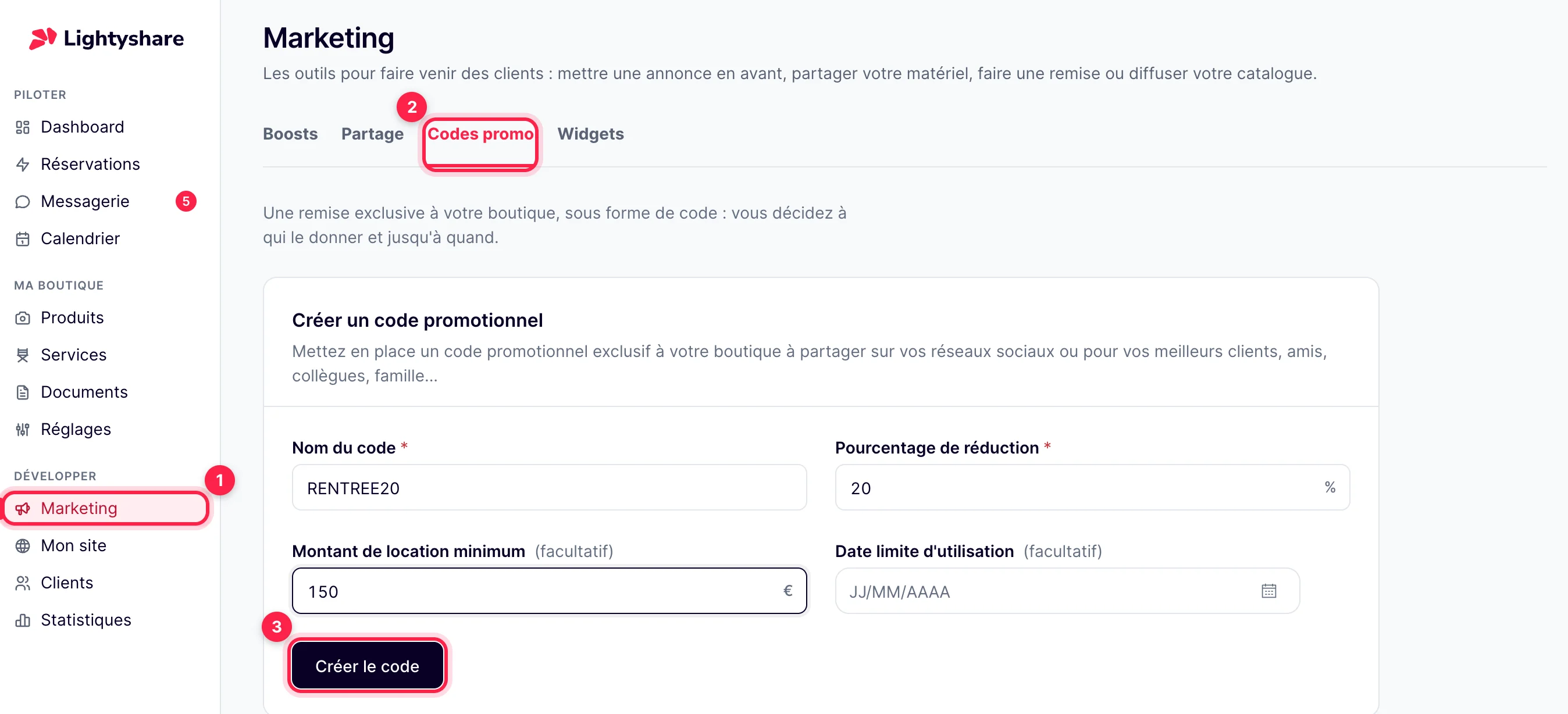 Marketing, onglet Codes promo : formulaire Créer un code promotionnel avec nom, pourcentage, montant minimum et date limite