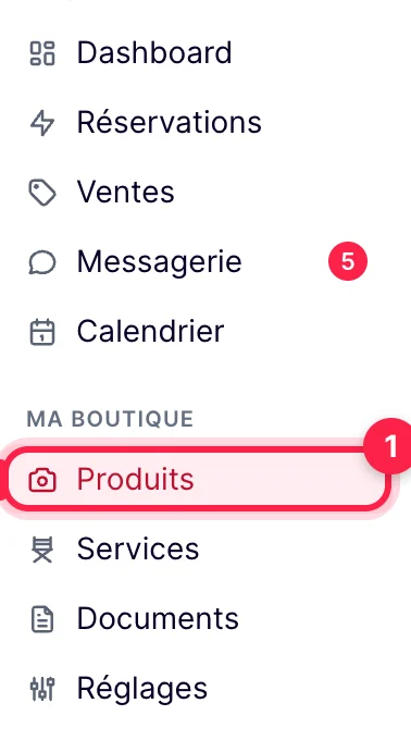Menu de l'espace loueur : Produits, dans Ma boutique