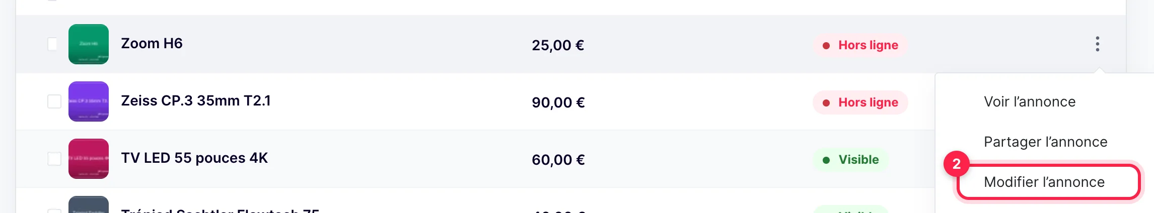 Liste des produits : menu à trois points d'une ligne, Modifier l'annonce