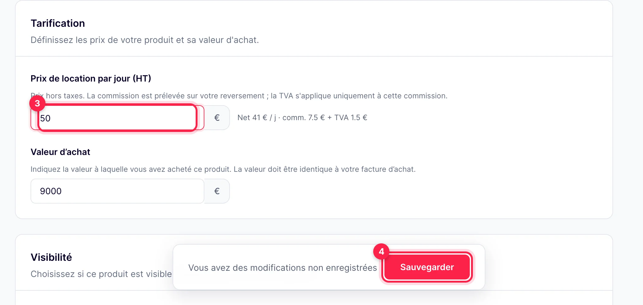 Fiche du produit : prix modifié et barre du bas Vous avez des modifications non enregistrées, bouton Sauvegarder
