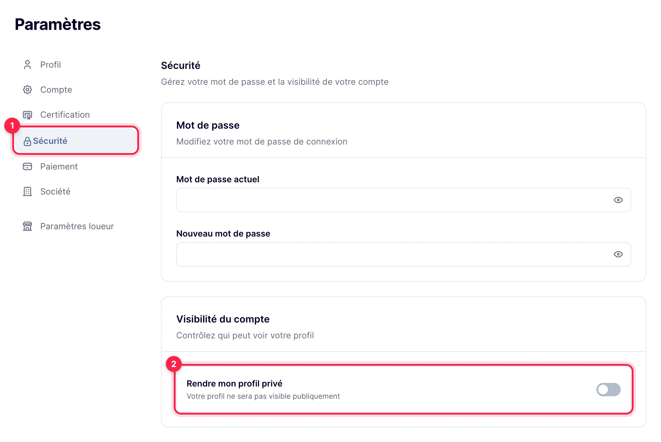 Paramètres du compte, rubrique Sécurité : interrupteur Rendre mon profil privé dans la carte Visibilité du compte