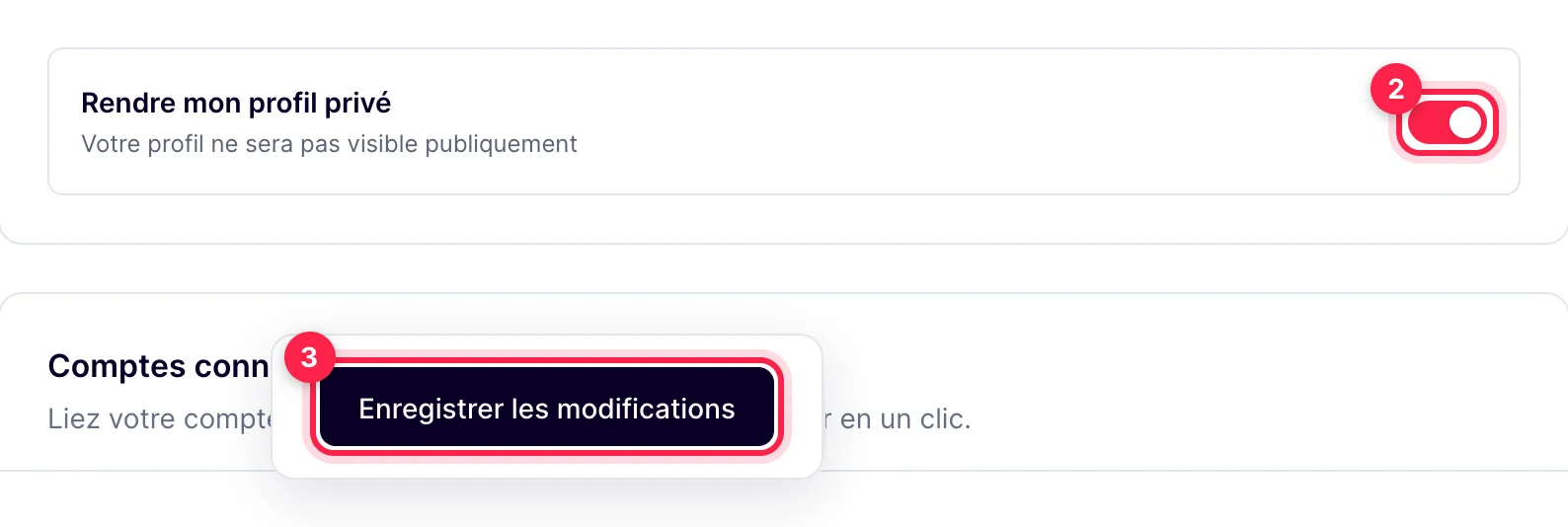 Interrupteur activé et bouton Enregistrer les modifications en bas de la page