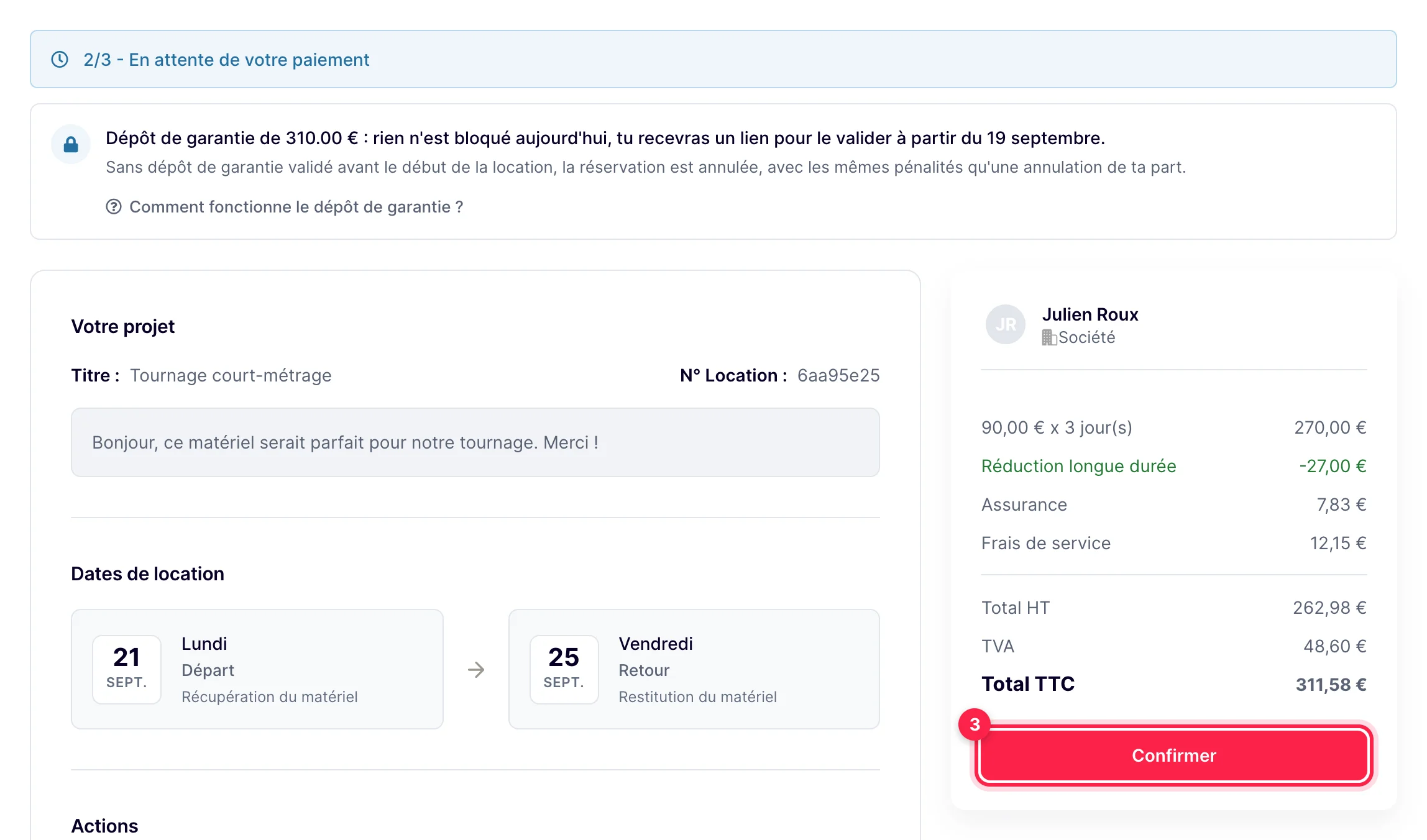 Fiche de la location : statut En attente de votre paiement et bouton Confirmer