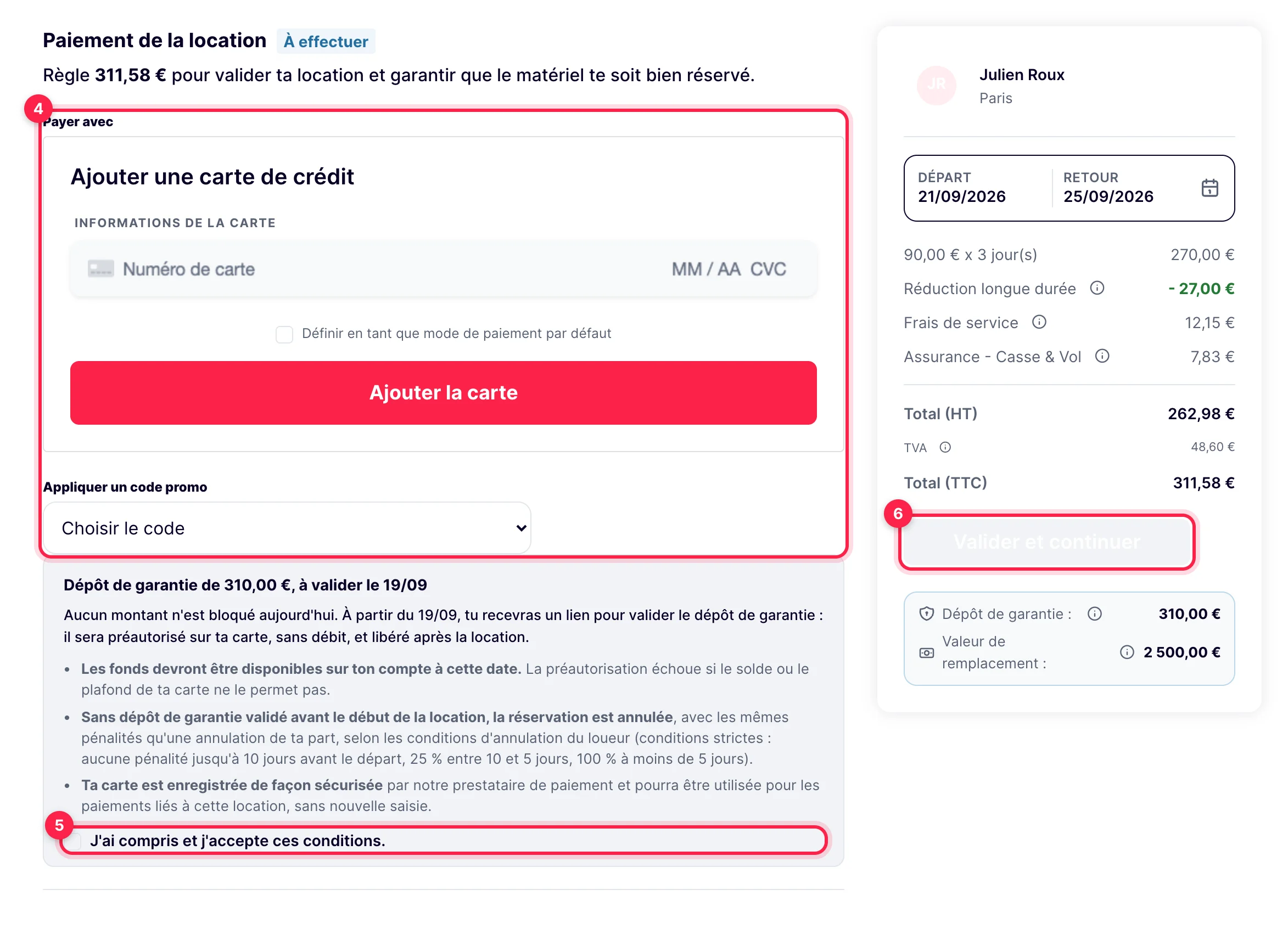 Écran de paiement : carte bancaire, dépôt de garantie, récapitulatif du montant et bouton de validation