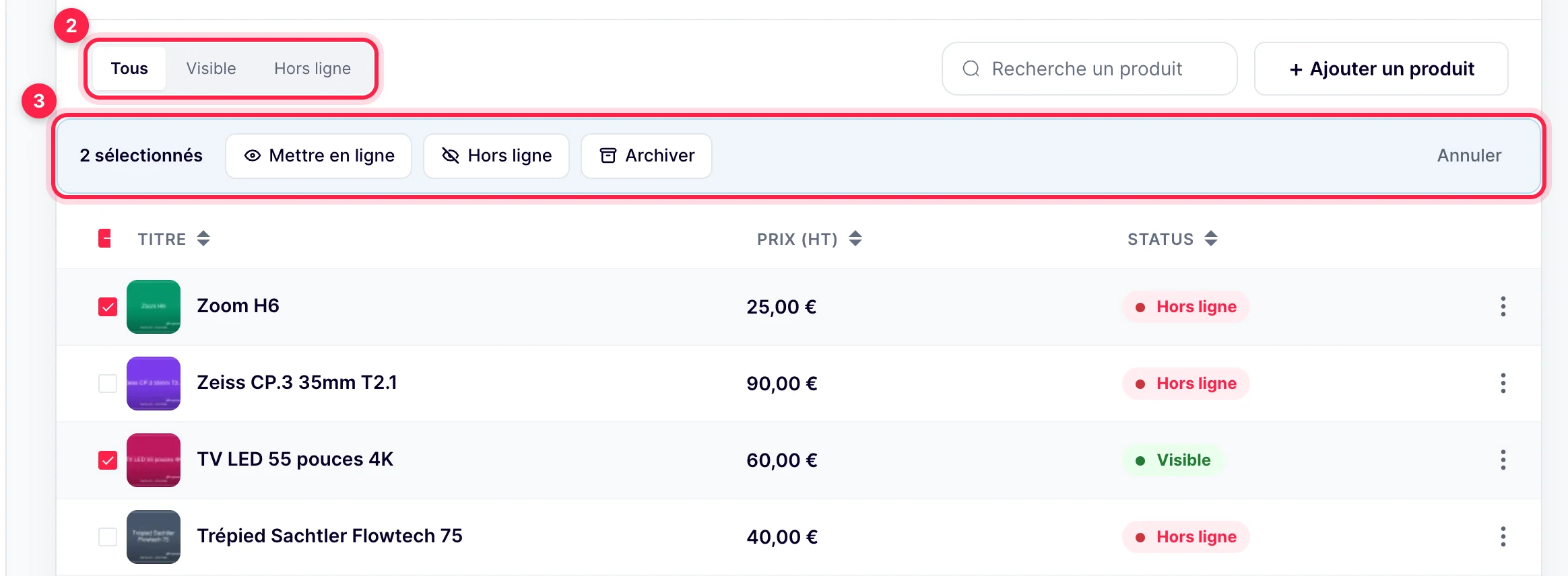 Liste des produits : filtre Tous, Visible, Hors ligne, pastilles de statut et barre Mettre en ligne, Hors ligne, Archiver