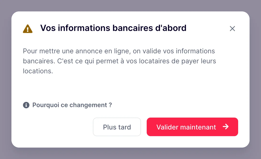 Fenêtre Vos informations bancaires d'abord, boutons Plus tard et Valider maintenant
