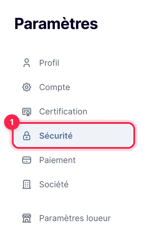 Menu des paramètres du compte, rubrique Sécurité