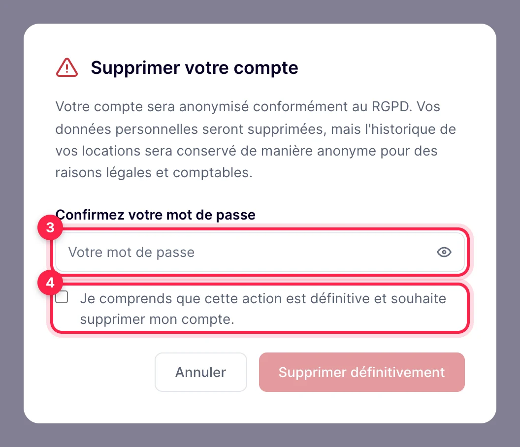 Fenêtre de confirmation : mot de passe, case à cocher et bouton Supprimer définitivement