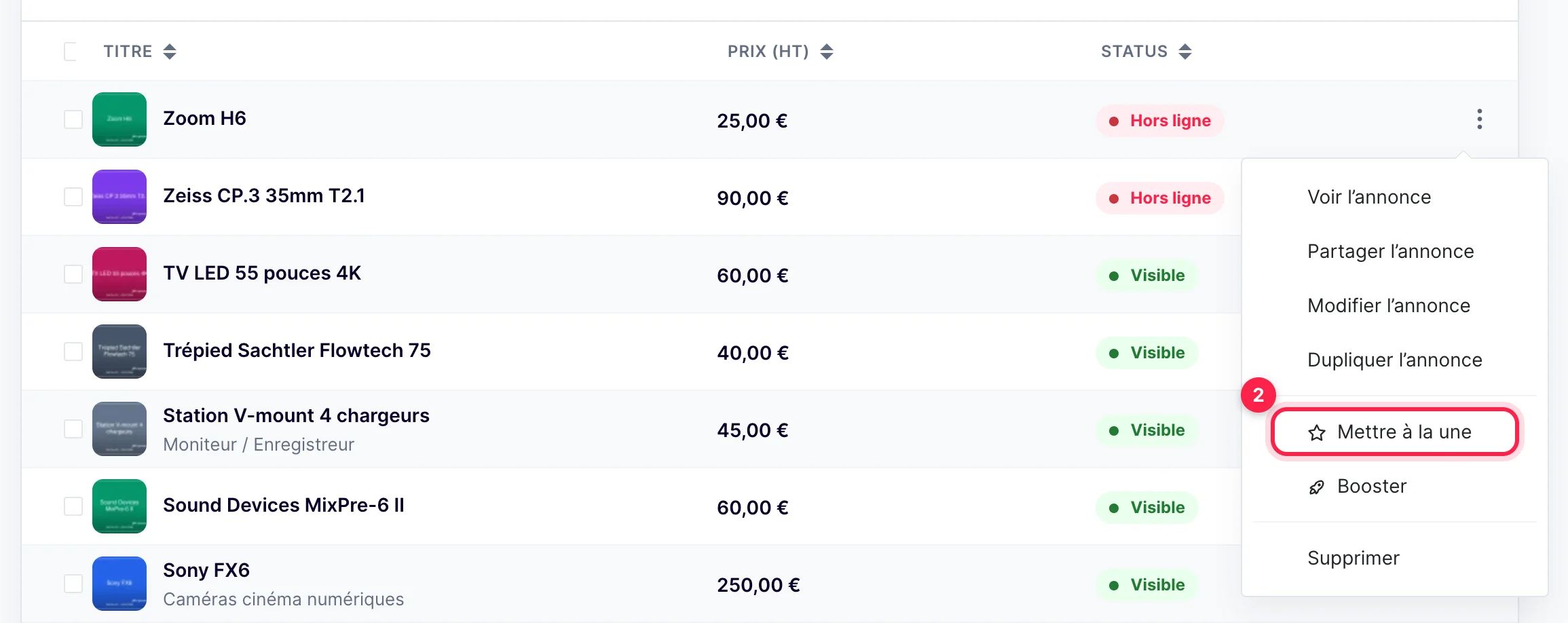 Liste des produits : menu à trois points d'une ligne, Mettre à la une