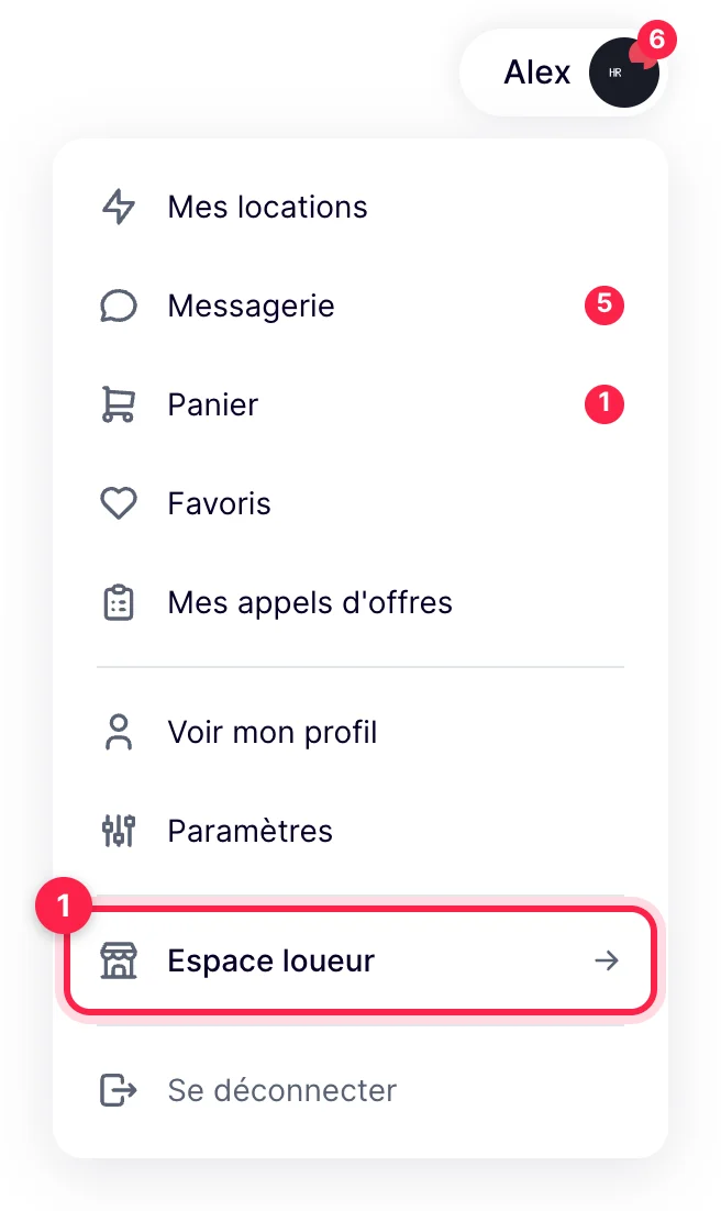 Menu du compte ouvert depuis le prénom en haut à droite, lien Espace loueur