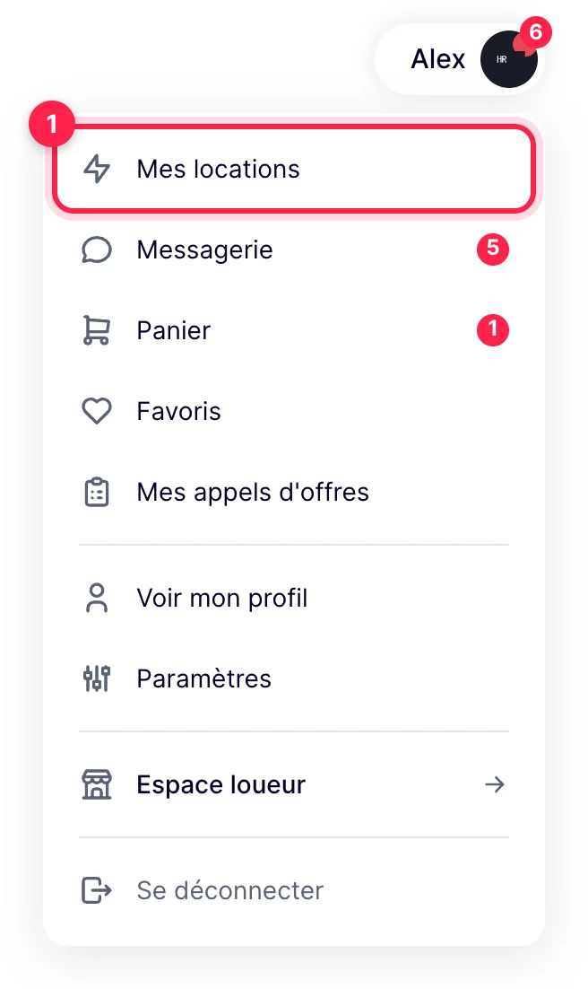 Menu du compte ouvert depuis le prénom en haut à droite, lien Mes locations