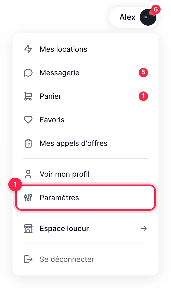 Menu du compte ouvert depuis le prénom en haut à droite, lien Paramètres