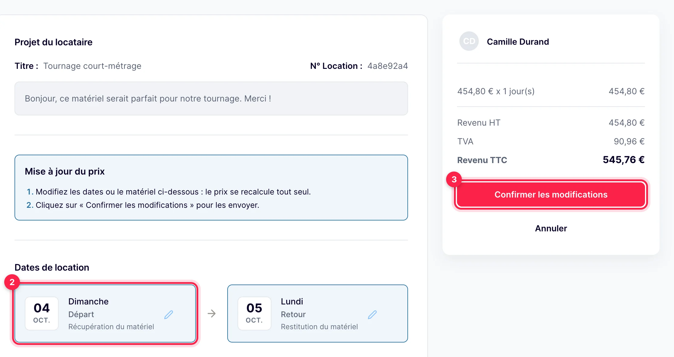 Mode modification : cartes Départ et Retour cliquables, bouton Confirmer les modifications